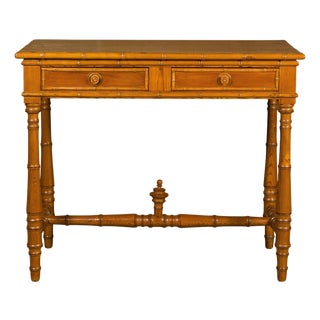 Mid 20th Century English Pine Faux Bamboo Desk with Two Drawers and H-Form Cross Stretcher For Sale