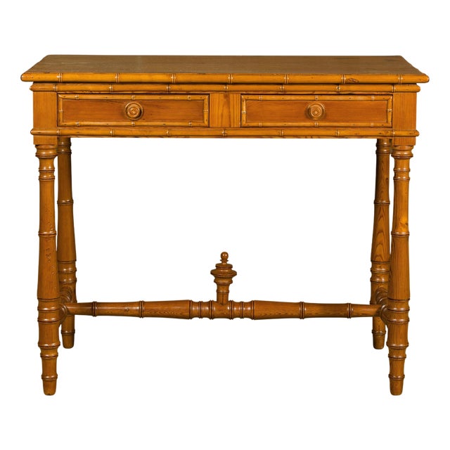 Mid 20th Century English Pine Faux Bamboo Desk with Two Drawers and H-Form Cross Stretcher For Sale