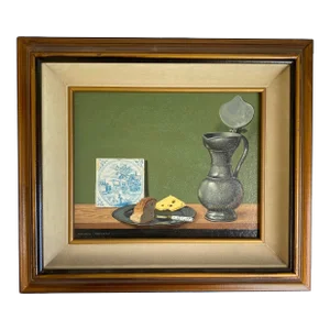 Mid 20th C. Still Life With Cheese and Bread Oil Painting on Masonite by Dennis Ramsay