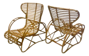 Pair 1950s Sculptural Bamboo Rattan Wingback Lounge Chairs