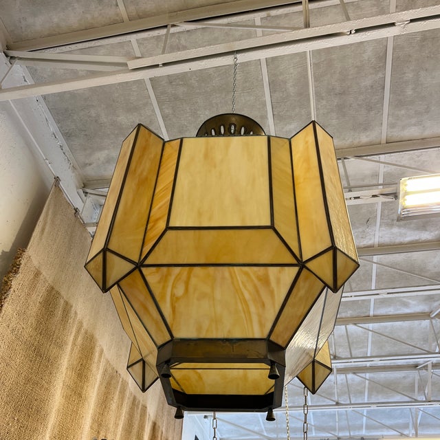 Metal Antique Large Slag Glass Lantern Chandelier For Sale - Image 7 of 11
