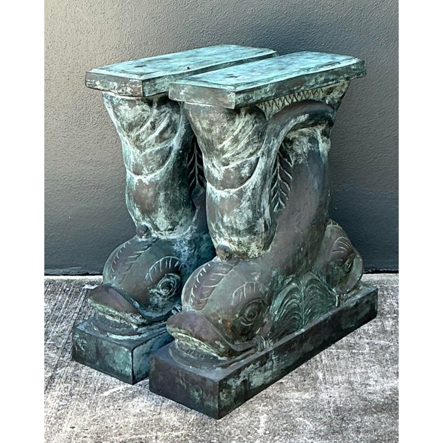 Vintage Patinated Bronze Dolphin Table Pedestals - A Pair For Sale - Image 10 of 12