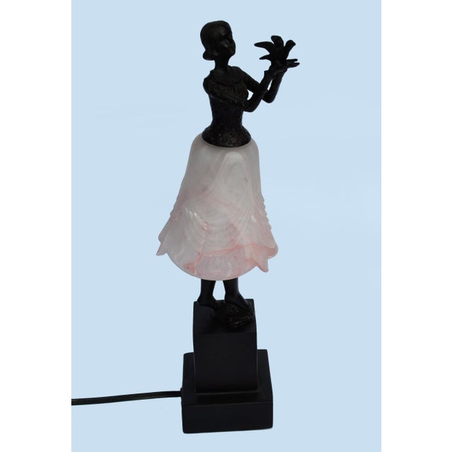 1970s Art Deco Bruno Zach Attributed Bronze Sculpture Female Dancer Table Lamp Art Glass Shade For Sale - Image 9 of 15