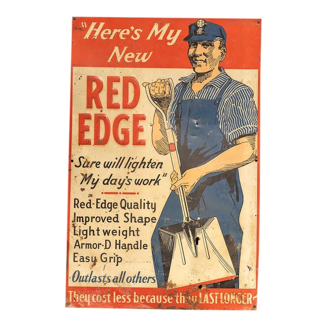 Vintage "Red Edge" Shovels Embossed Tin Advertising Sign For Sale