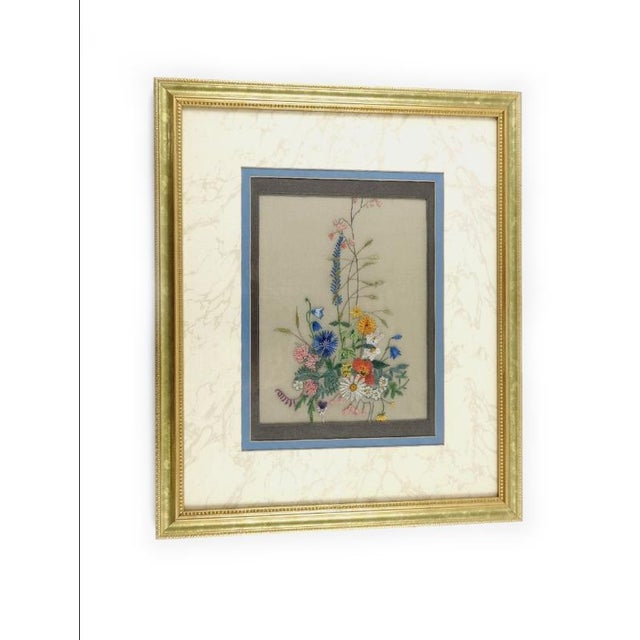 Exquisite mid-century framed needlework spray. Masterfully executed on a fine, translucent organdy mesh, the artwork...