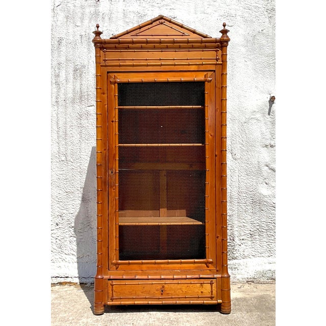 Vintage Coastal Carved Bamboo Wire Front Armoire For Sale - Image 11 of 11