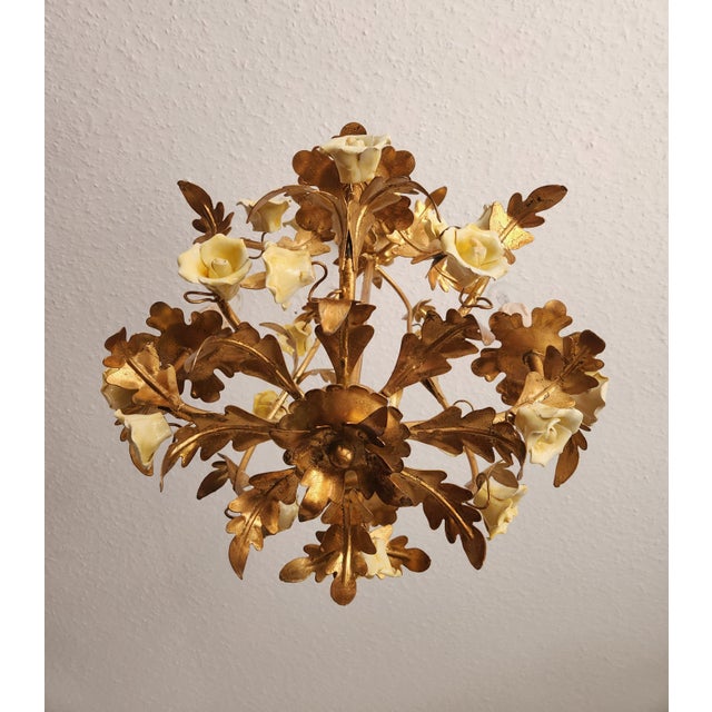 Beige Vintage Gold-Plated and Hand-Forged Florentine Pendant Lamp with Porcelain Roses, 1960s For Sale - Image 8 of 18