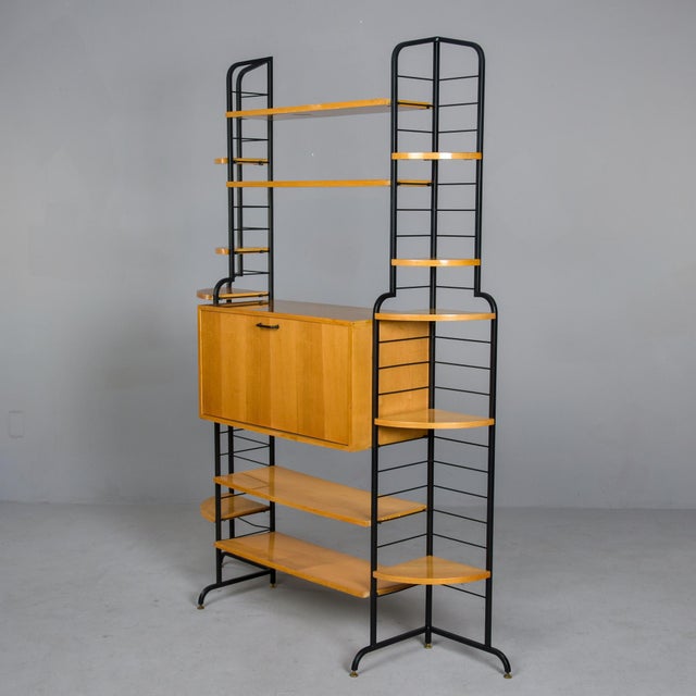 Mid Century Italian Free Standing Blond Wood and Black Metal Shelf Cabinet For Sale In Detroit - Image 6 of 12