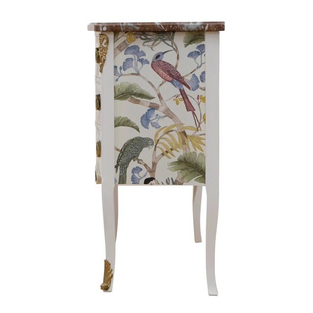 1950s Louis XV Style 3 Drawer Chest With Exotic Birds Design and Natural Marble Top For Sale - Image 4 of 8