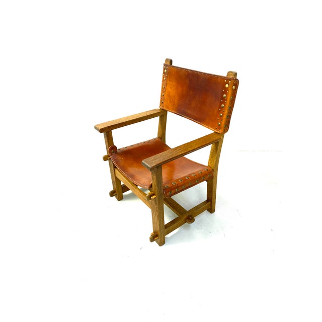 Vintage French Brutalist Castle Armchair in Oak and Cognac Leather, 1920s For Sale - Image 11 of 16