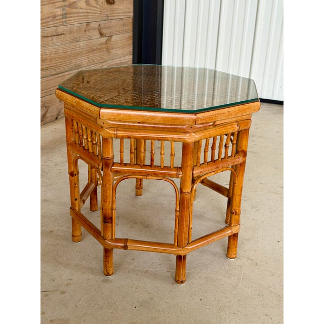 Contemporary Vintage Octagonal Bamboo and Cane Side Table With Glass Top For Sale - Image 3 of 12