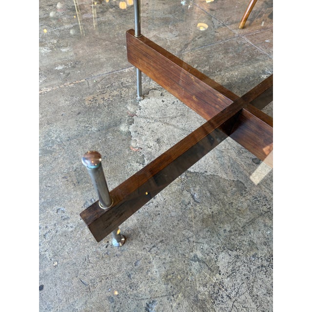 Italian Round Glass Coffee Table With Wood X-Base For Sale - Image 12 of 12