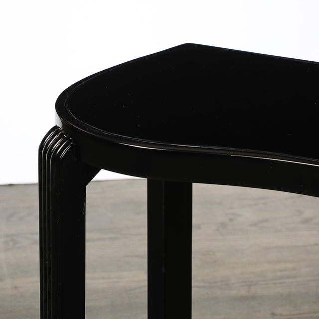 Black Pair of Art Deco Machine Age Black Lacquer Side Tables With Inset Vitrolite Tops For Sale - Image 8 of 18
