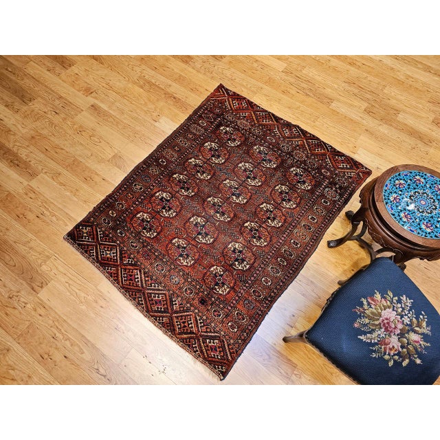 Brown Vintage Turkmen Tekke in Allover Pattern in Red, Navy, Ivory, Yellow, Blue For Sale - Image 8 of 18