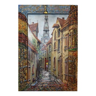 Signed Dated European Cityscape Old Town Oil Painting W Hand Decorated Frame For Sale
