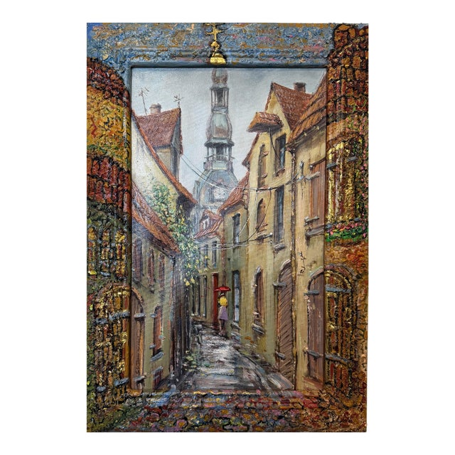 Signed Dated European Cityscape Old Town Oil Painting W Hand Decorated Frame For Sale