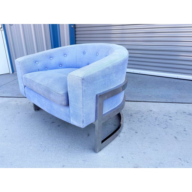 1970s Pair of Mid-Century Modern Chrome Barrel Chairs Styled After Milo Baughman For Sale - Image 11 of 12