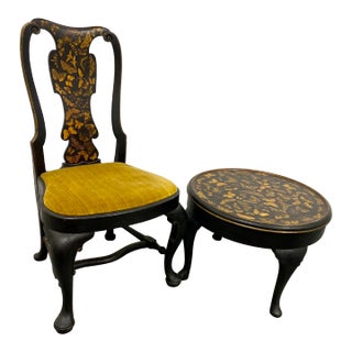 Antique Queen Anne Style 2 Piece Table and Chair Set Decoupaged With a Kaleidoscope of Fluttering Butterflies From England - Circa 1900 For Sale