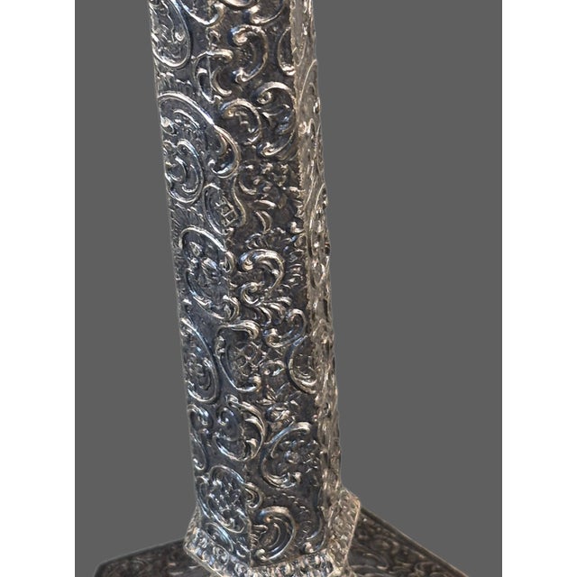 Silver Antique Ornate Victorian Pair Repousse Tavern Dutch Scene Silverplate Derby Candlesticks Marked For Sale - Image 8 of 12