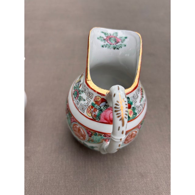 Vintage Chinese Export Famille Rose Medallion Canton Porcelain Tea Service | 11 Piece Hand-Painted Teapot Set With Cups, Creamer & Covered Bowls For Sale In Louisville - Image 6 of 12