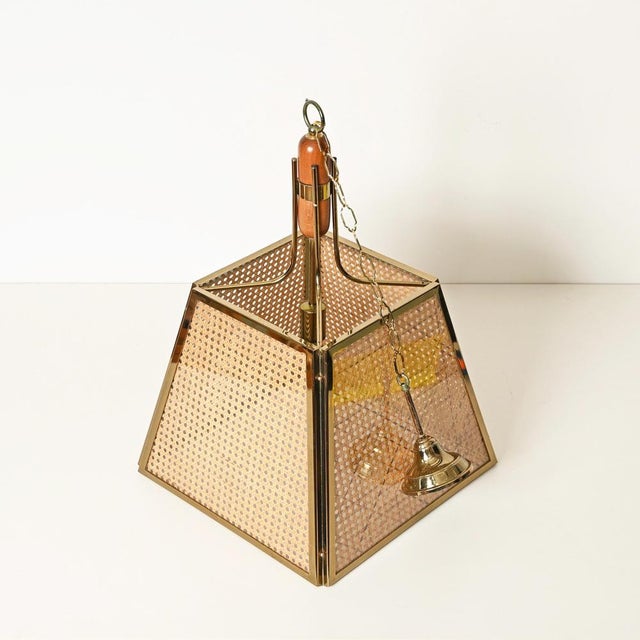 Metal Mid-Century Italian Pendant in Gilt Metal, Straw and Giass, 1970s For Sale - Image 7 of 16
