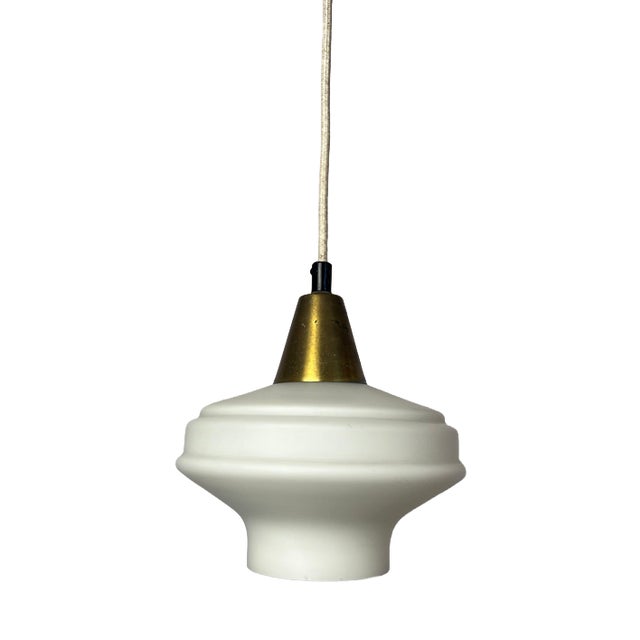 Pendant Lamp in Opal Glass & Brass, Denmark, 1960s, Brass & Glass For Sale