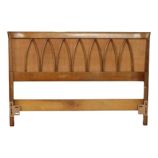 Mid Century Modern Walnut and Rattan Full-Size Headboard For Sale