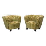 Danish Cabinetmaker, Banana Lounge Chairs, Beech, Velour, Denmark, 1940s For Sale