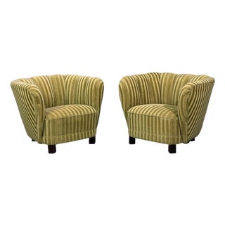 Danish Cabinetmaker, Banana Lounge Chairs, Beech, Velour, Denmark, 1940s For Sale