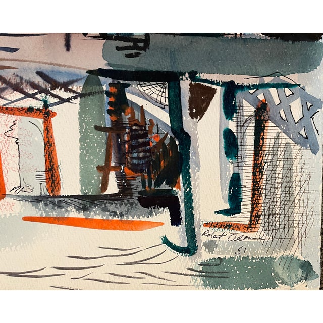 MCM painting on paper of a NYC street with a train running down it by artist Robert Colborne (1931-2002) of New York....
