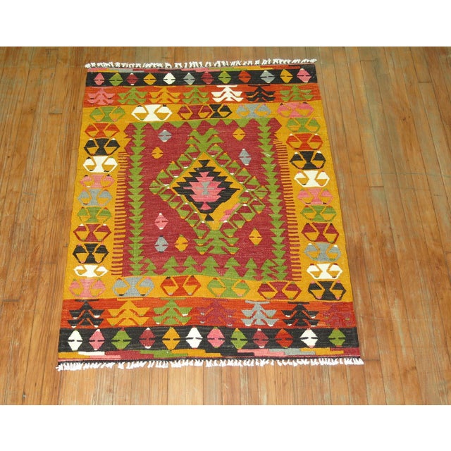 Mid 20th Century Bohemian Colorful Turkish Kilim Flat-Weave - 3'4" x 4'3" For Sale In New York - Image 6 of 6