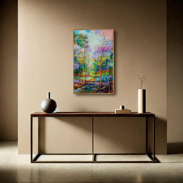 "Verdant Paths" is a vibrant contemporary landscape painting by Alfonso Pragliola, where natural scenery is reinterpreted...