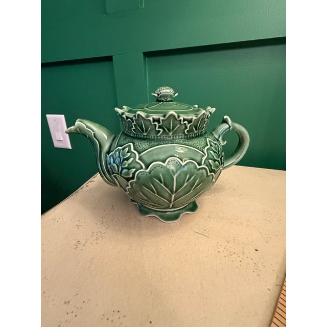 1980s Vintage Majolica Green Cabbage Ware Tea Pot For Sale - Image 5 of 12