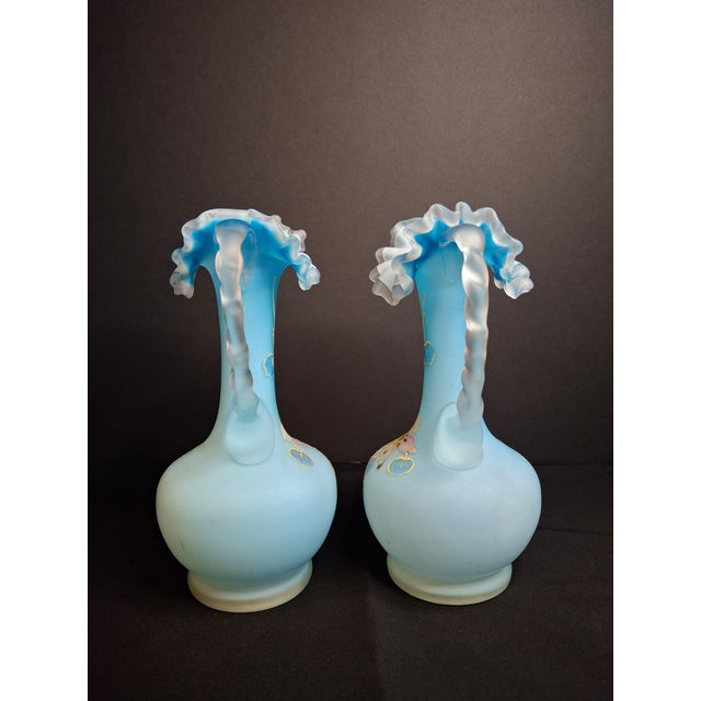 Late 19th Century Antique Pair Victorian Blue Satin Cased Glass Pitcher Ewers Hand Painted Orchids Frosted Coral Branch Handles Ruffled Rim - a Pair For Sale - Image 5 of 18