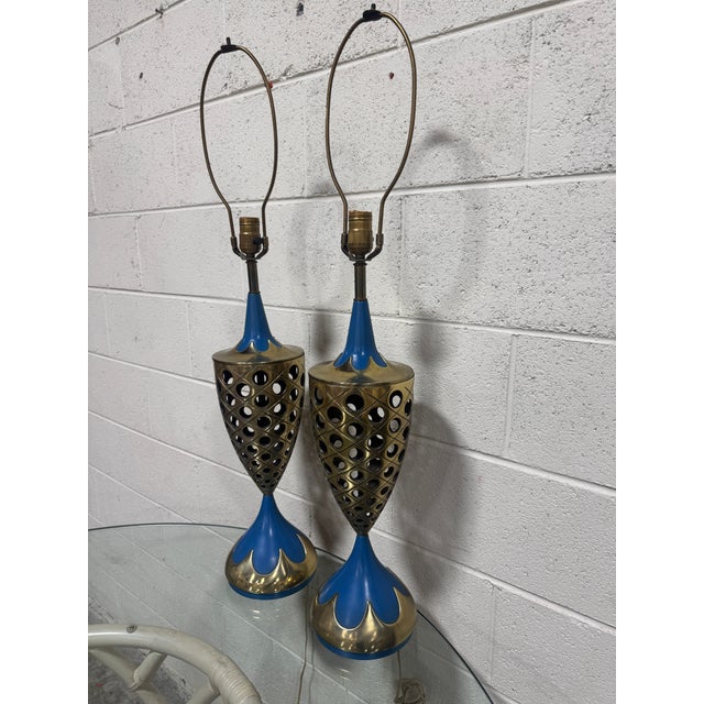 1960s Tony Paul Style Westwood Industries Brass and Blue Enamel Lamps - A Pair For Sale In Richmond - Image 6 of 12