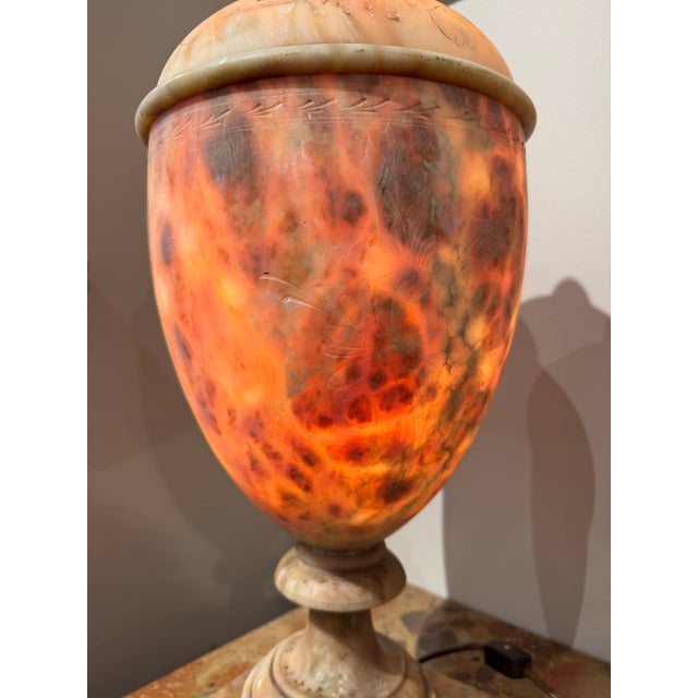 Stone Vintage Italian Carved Alabaster Urn Lamp With Hand Etched Floral Design For Sale - Image 7 of 9