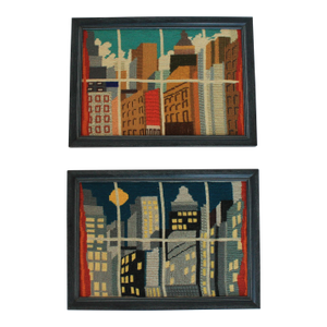 Pair of 1970's Night & Day Cityscape Needlepoint Wall Hangings "Out My Window"
