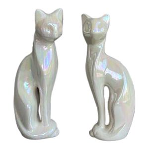 Mid-Century Modern Iridescent Ceramic Cat Figurines - Set of 2