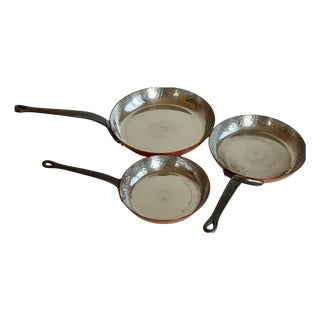 Hammered Copper Pans with Iron Handles, 1970s, Set of 3 For Sale