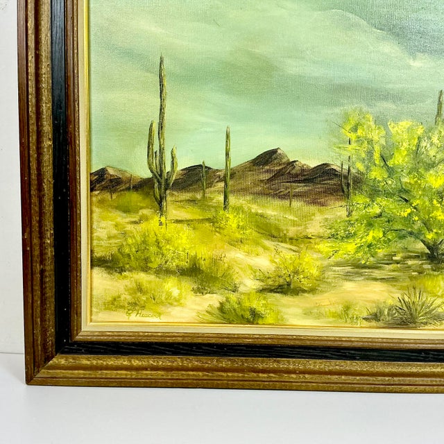 1970s Vintage Southwestern Impressionist Saguaro Landscape Folk Art Original Oil Painting, Artist Signed For Sale - Image 10 of 13