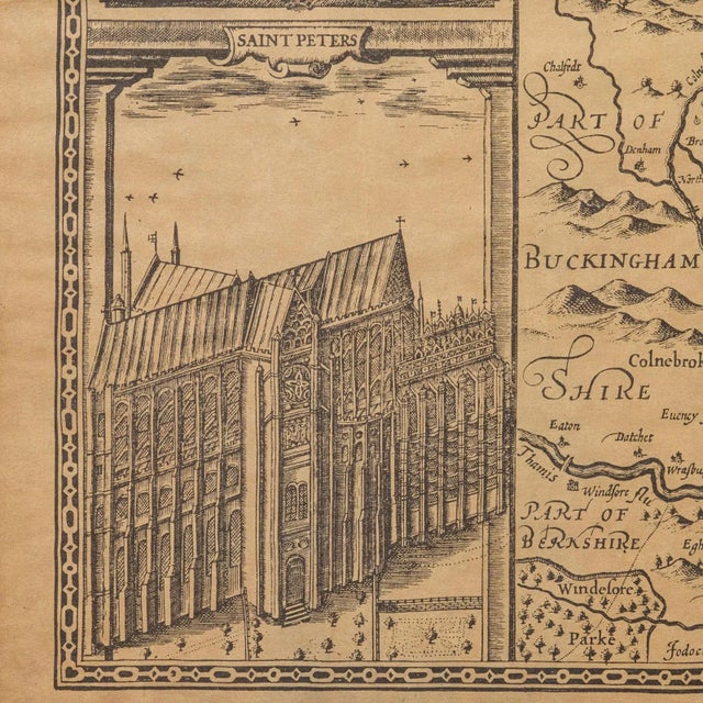 Yellow Vintage County Map, Middlesex, English, Framed 16th Century Print, John Norden For Sale - Image 8 of 12