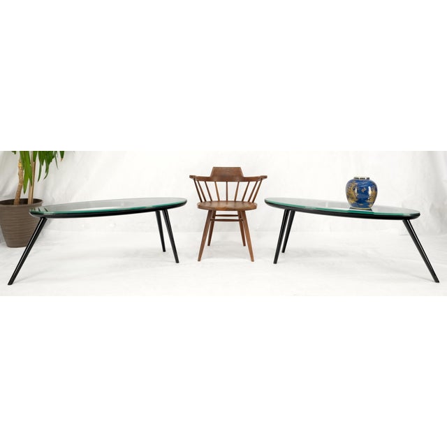 Mid 20th Century Mid 20th Century Pair Glass Top Black Lacquer Oval Pierced Shape Solid Tops End Side Tables Stand For Sale - Image 5 of 12