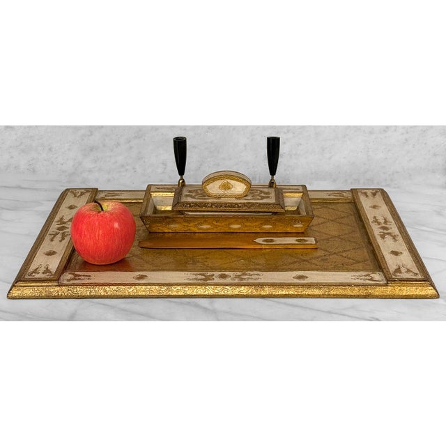 Original 1970’s Italian Florentia Library Desk Set Set Includes Large Setting Tray, Double Pen Holder w/ Catchall, Blotter...