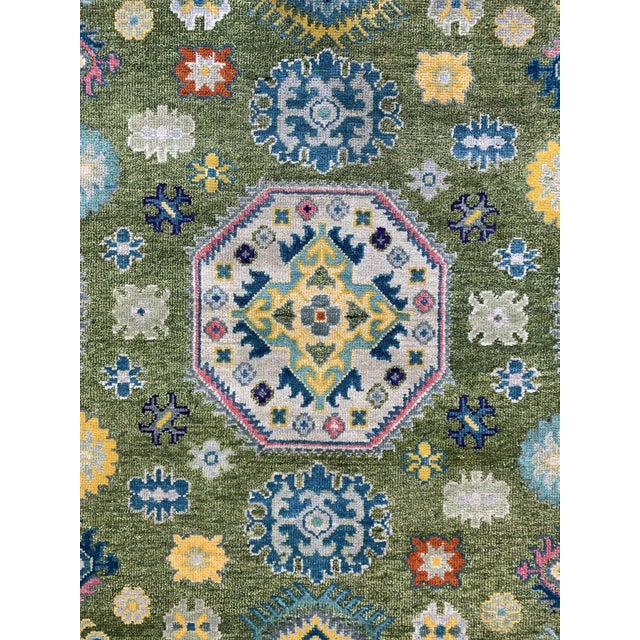 10x14 Inviting Kazak Light Green Tribal Geometric Hand Knotted Wool Carpet Rug For Sale - Image 4 of 6