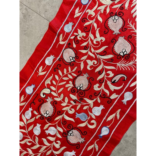 2010s Red Silk Suzani Table Runner With Cream Vine Scrolls For Sale - Image 5 of 9