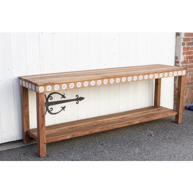 1990s Reclaimed Teak Blossom Inlaid Console For Sale - Image 5 of 13