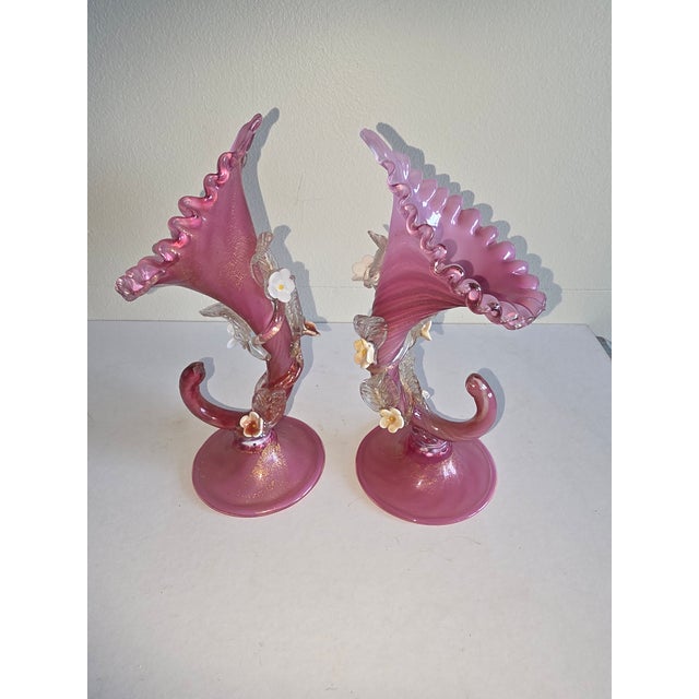 Pretty pair of antique Venetian cornucopia glass vases. One has been professionally restored.