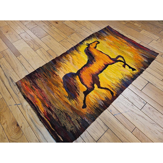 Canary Yellow Vintage Mid-Century Handwoven Wool Tapestry, Galloping Horse Design, Yellow & Brown, 38” X 68” For Sale - Image 8 of 11