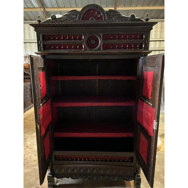 19th Century 1800's Antique Breton, French, Carved, Shelves, Red Interior, Bookcase! For Sale - Image 5 of 11