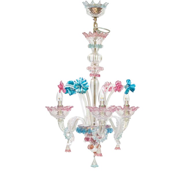 Venetian Murano Glass 3-Arm Chandelier with Flower Decor, 1990s For Sale